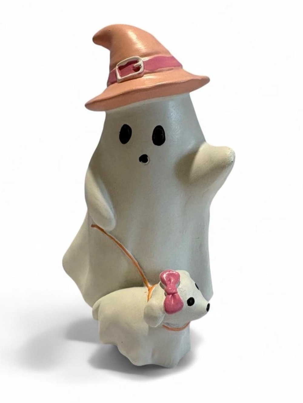Whimsical White Ghost Figurine with Pink Hat and Bow - Holiday Decor